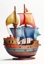 Handmade toy sailing ship isolated on a white background. For craftsmanship, handmade toys, wooden models Royalty Free Stock Photo