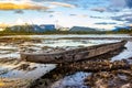 Handmade tribal wooden boat on Carrao river in Canaima national park at sunset