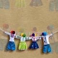 Handmade ukrainian textile dolls on background, traditional folk rag doll Motanka in ethnic style, ancient culture folk Royalty Free Stock Photo