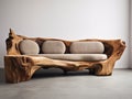 Handmade unique rustic sofa made from solid wooden tree trunk. Isolated furniture piece for modern luxury living room