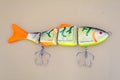 Handmade. Very large fishing lure for catching big fish. Three-piece wobbler Royalty Free Stock Photo