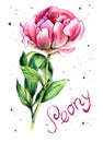 Handmade watercolor card with flowers and peonies flover.