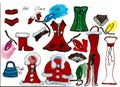 Handmade, watercolor drawing, Christmas clothes of the Snow Maiden, a pattern of New Year`s accessories, dresses, boots