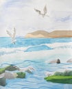 Handmade watercolor drawing of shoreline