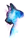 Watercolor cat silhouette with nebula