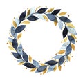 Handmade watercolor laurel wreath branches with blue and gold leaves isolated on a white background.