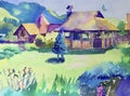 Handmade watercolor painting of rural landscape