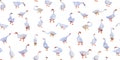 Handmade watercolor seamless pattern geese swan isolated on the white background. Colorful background for fabric Royalty Free Stock Photo