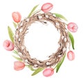 Handmade Watercolor Wreath Of Willow And Tulips Royalty Free Stock Photo