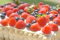 Handmade white cream cake with fresh red berries on wood table Royalty Free Stock Photo