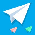 Handmade white paper plane vector icon set in isometric flat style isolated on blue background. Origami white orange and Royalty Free Stock Photo