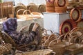 Handmade wicker baskets at traditional local bazaar in Uzbekistan.