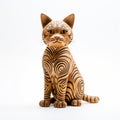 Handmade Wood Domestic Shorthair Sculpture On White Background - Full Body