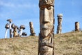 Handmade wood work. Totems heads. Carpenter. Outdoor sculptures Royalty Free Stock Photo