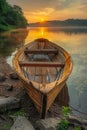 Handmade wooden boat, lakeside, sunrise, wide angle, testament to durability, serene setting Royalty Free Stock Photo