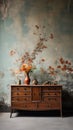 Handmade Wooden Dresser Against Concrete Wall with Mural - AI Generated