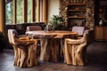 Handmade wooden log furniture, dining table and chairs. Rustic interior design of modern living room Royalty Free Stock Photo