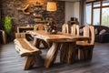 Handmade wooden log furniture, dining table and chairs. Rustic interior design of modern living room Royalty Free Stock Photo