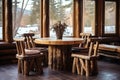 Handmade wooden log furniture, round dining table and chairs. Rustic interior design of modern living room in country house Royalty Free Stock Photo