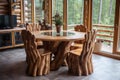 Handmade wooden log furniture, round dining table and chairs. Rustic interior design of modern living room in country house Royalty Free Stock Photo