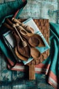 Handmade wooden spoons on a wooden board. Kitchen tools Royalty Free Stock Photo