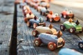 handmade wooden toy cars lined up for a race Royalty Free Stock Photo