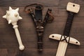 Handmade wooden training toy sword, mace and slingshot