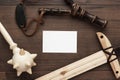 Handmade wooden training toy sword, mace and slingshot Royalty Free Stock Photo