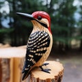 Handmade Woodpecker Wood Carving: Light Red And Black Style Royalty Free Stock Photo
