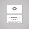 Handmade workshop business card design concept. Handmade workshop logo with hands making heart. Vintage, hipster and retro style.