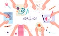 Handmade workshop. Craft diy knitting, drawing and scrapbooking projects. Creative lab, design or teamwork. Kids