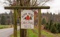 A handmade worn sign of a sale for the christmas trees in countryside in cloudy day. Travel photo street view
