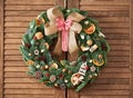 Handmade wreath from natural fir branches for decoration on and winter holidays. Christmas