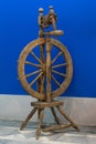 Handmade yarn. Traditional ancient spinning wheel. Spindle photography, weaving machine