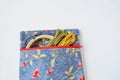 Handmade zipper pouch, embroidery hoop, mouline thread Royalty Free Stock Photo