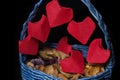 Handmaid busket with origami hearts for Saint Valentine`s Day closeup