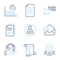 Handout, Quick tips and Chemistry experiment icons set. Send mail, File and Report timer signs. Vector