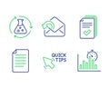 Handout, Quick tips and Chemistry experiment icons set. Send mail, File and Report timer signs. Vector