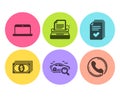 Handout, Typewriter and Laptop icons set. Payment, Search car and Call center signs. Vector