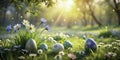 HandPainted Blue Easter Eggs in a Serene Spring Meadow A Vibrant Celebration of Easter Traditions with Artistic Egg Royalty Free Stock Photo