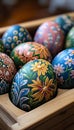 Handpainted Easter Eggs Colorful and Floral Designs on Display. Traditional Springtime Decorations. Royalty Free Stock Photo
