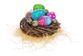 Handpainted Easter eggs in multicolored patterns and decors in n Royalty Free Stock Photo
