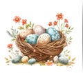 Handpainted Easter eggs in woven basket Royalty Free Stock Photo