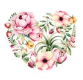 Handpainted illustration.Watercolor heart with peony,field bindweed,branches,lupin,air plant,strawberry