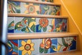 handpainted tiles on stairwell risers