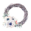 Handpainted watercolor anemone flowers wreath in vintage style