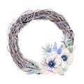 Handpainted watercolor anemone flowers wreath in vintage style