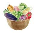 Handpainted watercolor clipart with fresh vegetables in bowl