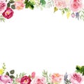 Handpainted watercolor frame with blooming flowers