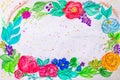 Handpainted watercolor frame with blooming flowers, paints